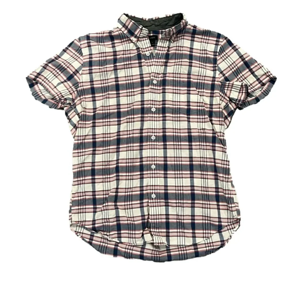 J.CREW men’s plaid blue pink button up short sleep shirt gray lined collar - M